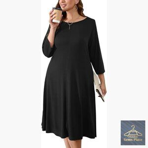 Plus Size A-Line Midi Dress with Pockets 3/4 Sleeve Loose Fit Formal Casual